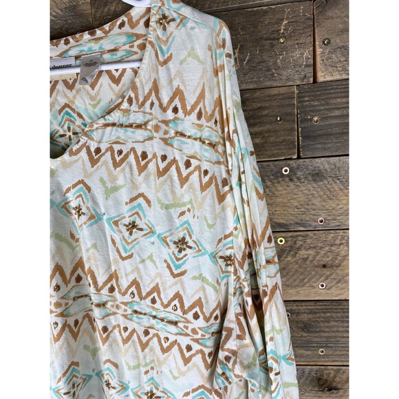 Alfred Dunner Women's Plus Sz 2X Beige Blue Aztec Design 3/4 Sleeve Top - Picture 5 of 14